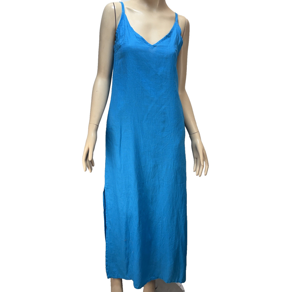 Hilo Turquoise Linen Slip Dress Maxi Sundress Size M Side Slit V-Neck Pockets
